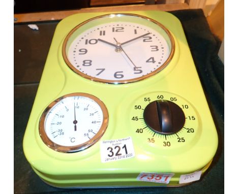 Oblong green kitchen clock with temperature and timer gauge 