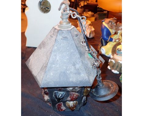Exterior hanging lantern with multi coloured glass 