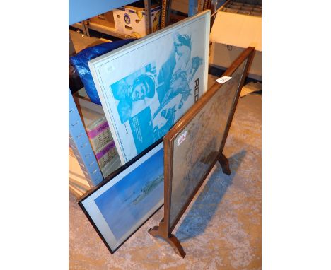 Mahogany framed tapestry fire screen and two pictures