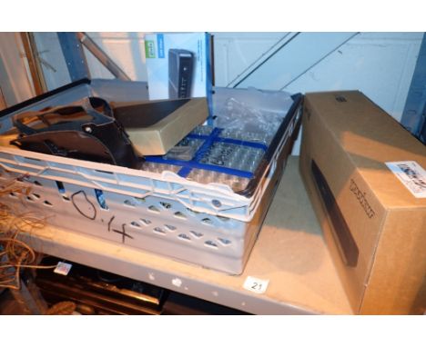 Box of mixed electricals including radios smart hub UFO light and two boxes of unused 4oz sample bottles 