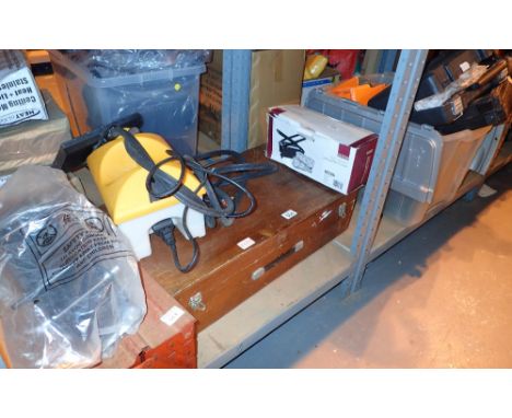 Metal tool box and wooden tool chest with dremel type tool sander etc 