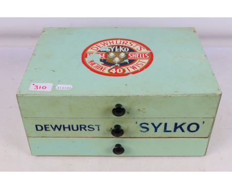 A Dewhurst 'Sylko' vintage wooden sewing box. 31 cm (l) x 23 cm (w) x 14 cm (h). Three drawers. (This does not constitute a g
