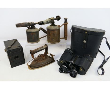 Two vintage Max Sievert blow lamps, cased pair of binoculars and other. [W]