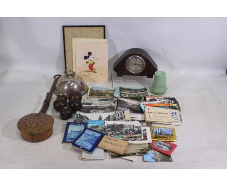 A collection of vintage postcards with bowls, wooden mantle clock. Also includes copper chestnut roaster and silver plated di