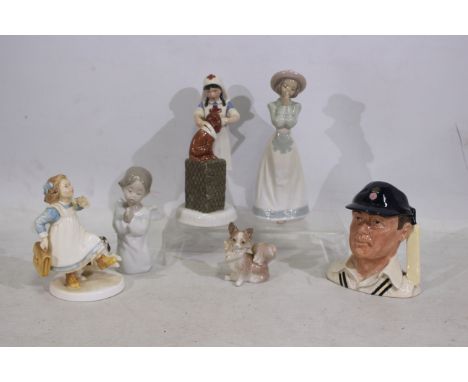 Royal Doulton, Nao, Lladro - Six ceramic figures - Lot includes a Royal Doulton #2963 'Childhood Days' figure. A Royal Doulto