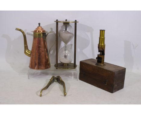 Brass and copper collectables including a vintage French brass student microscope in wooden case. A brass 'Tempus Fugit' sand