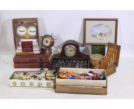 A lot of collectables to include a wooden mantle clock, brass/wooden ship wheel barometer, two Cassell's History of England b