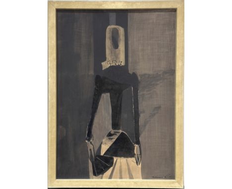 Bachmann, Herrmann (1922 Halle/Saale - Karlsruhe 1995) Abstrakte Frau mit Fächer. Gruppe. Tusche auf Schoeller-Karton (Randmä