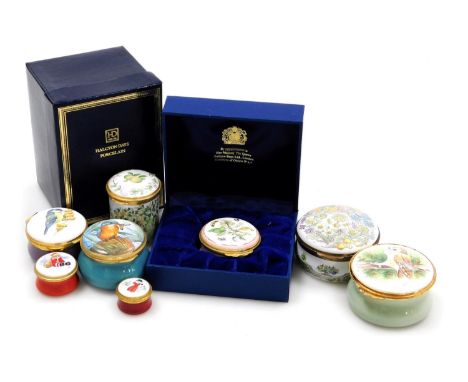 Eight enamel trinket boxes, to include Halcyon Days, Crummles &amp; Co, Kingsley Enamels, etc., scenes to include kingfishers