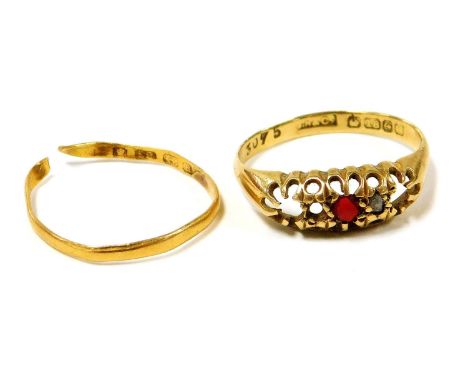 A 22ct gold wedding band, cut, 0.8g, and an 18ct god, ruby and diamond five stone ring, three stones lacking, size L 1/2, 2.1