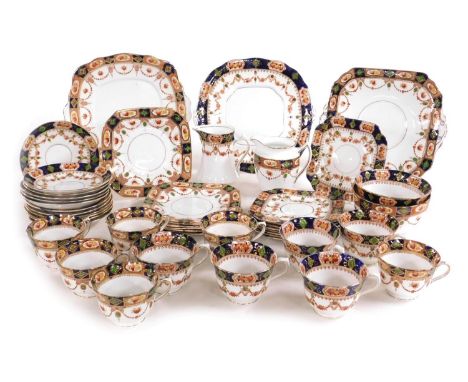 An early 20thC Royal Albion china porcelain tea service, with printed and clobbered decoration, comprising three bread plates