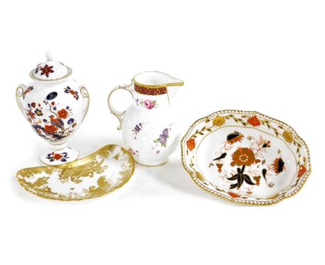 An Aynsley porcelain twin handed vase and cover, decorated with birds, Royal Crown Derby porcelain Gold Aves salad dish, Coal