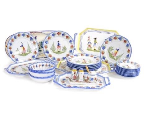 A group of Henriot Quimper pottery table wares, traditionally painted with figures, within leaf borders, comprising four twin