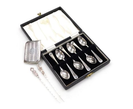 A set of six Elizabeth II silver coffee spoons, cased, Sheffield 1959, together with a George V silver match sleeve, with eng