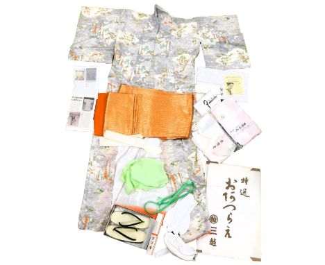 A 20thC Japanese silk Kimono, in grey decorated with flowering branches in oranges, blues and greens, orange waist tie, small