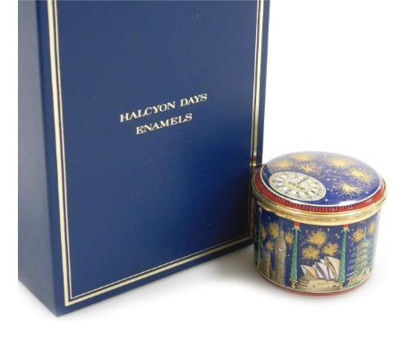 Halcyon Days porcelain and enamel music box, to commemorate the Millennium, the movement playing music for Royal Fireworks by