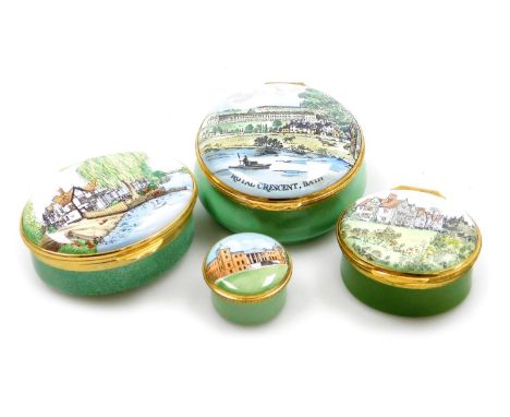 Four enamel trinket boxes, comprising Chelsea Enamels The Waterside Inn, 6.5cm wide, The Royal Crescent Hotel Bath, 6cm diame