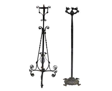 A Victorian cast iron standard oil lamp frame, of scrolling and floral form, later converted for electricity, 158cm high, and