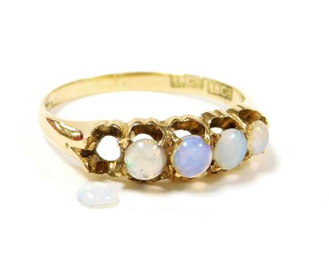 An 18ct gold and opal five stone ring, in a claw mount, size M, 2.5g.  (AF)