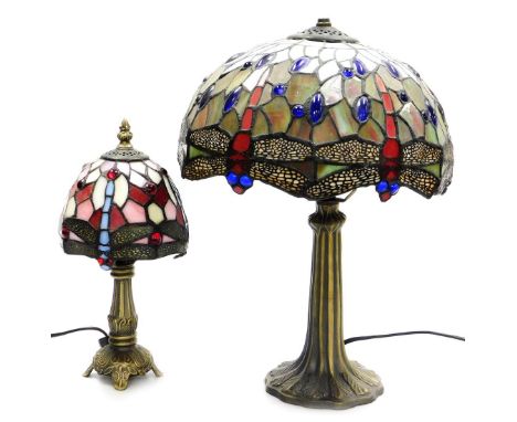 A Tiffany style table lamp, with a hexagonal shade decorated with dragonflies, 45cm high, and a smaller Tiffany style table l