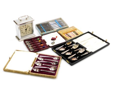 Silver plated and stainless steel flatware, including grapefruit spoons, coffee spoons with bean terminals, teaspoons and cak