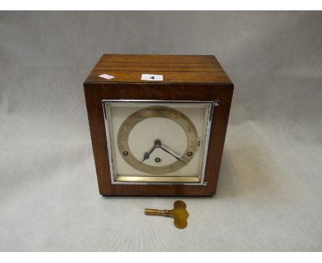 1930s Garrard Oak cased Mantel clock with inlaid decoration and Key 
