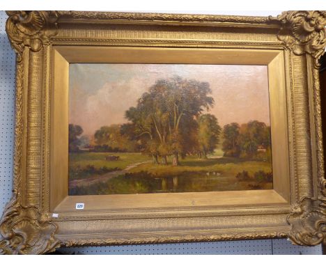 Very Large Ornate Gilt Framed Oil on canvas of a Village Pond, Signed R Mallet, 90 x 57cm. Condition - Some wear to gilding