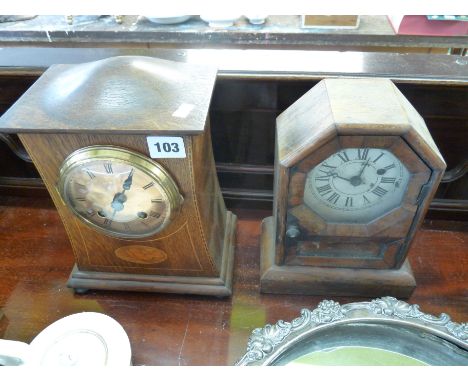 Edwardian Mahogany cased mantel clock with inlaid shell motif and a Walnut cased 19thC Clock 