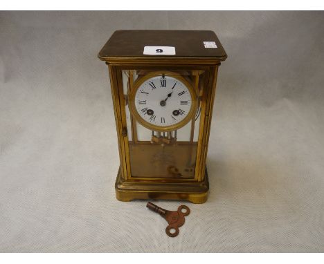Edwardian Brass cased mantel clock with dedication from 'H Davies from Fellow Servants', Condition - some loss to brass finis