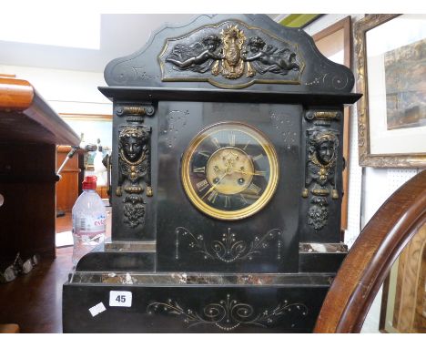 Very Large Belgian Slate mantel clock with Italian marble decoration, Cherub and mask decoration to front and visible escapem