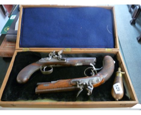 Pair of Mid 19thC Clough & Sons of Bath Flint Lock Pistols with engraved metal fittings and inlaid Silver to barrel and plate