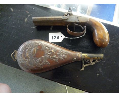 19thC double barrel Pistol and a Embossed Leather powder flask. Condition - Rusting to Barrel 