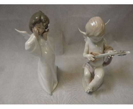 Lladro figure of a Angel and a figure of a Cherub playing Mandolin 