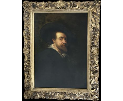 AFTER SIR PETER PAUL RUBENS (1577-1640) SELF PORTRAIT - OIL ON CANVAS IN AN ELABORATE CARVED FLORENTINE FRAME - 63CM X 87CM