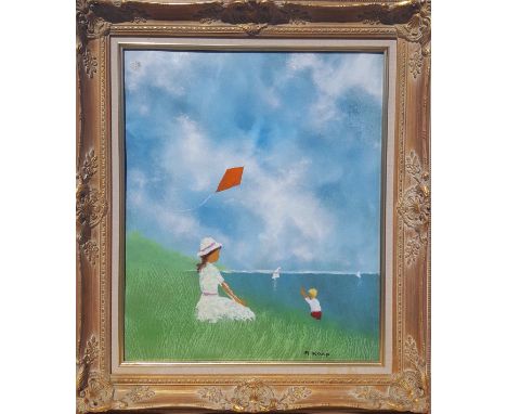 Artist: (Signature illegible) Mystery artist Title: (Girl with Kite) Medium: enamel on copper panel Size: 26" x 32" approx. f