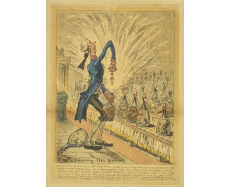 Gillray, James. 1805 Uncorking Old Sherry. Published March 10th 1805 by H. Humphrey St. James Street London. An early 19th ce