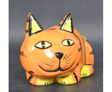 A vintage 20th century ceramic porcelain cat figurine designed by Lorna Bailey. The cat posing in down position with orange a