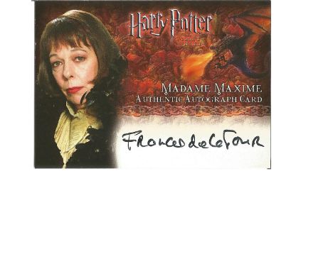 Francis De La Tour as Madame Maxime signed Harry Potter Collection autographed Artbox trading card. Each card has picture of 