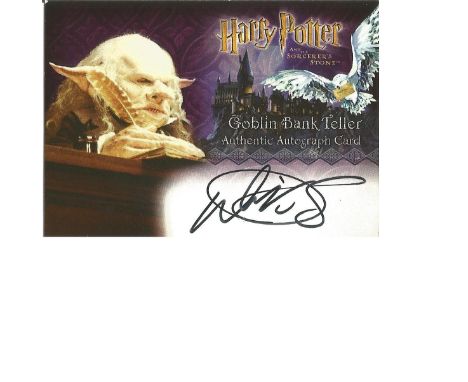 Warwick Davis as Goblin Bank Teller signed Harry Potter Collection autographed Artbox trading card. Each card has picture of 