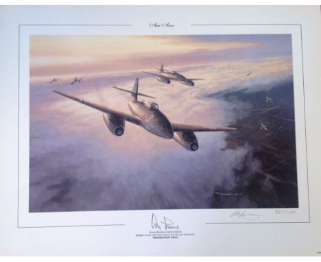Air Aces colour print signed by Adolf Galland and the artist Mark Postlethwaite. Numbered 867/1000. Approx size 20x16. Good C