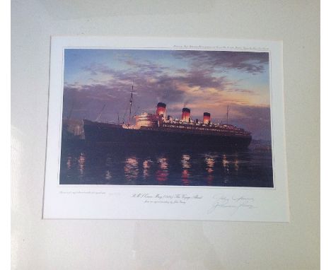 RM Queen Mary (1936) - The Voyage Ahead colour print. Signed by artist John Young. Mounted to approx size 21x17. Good Conditi