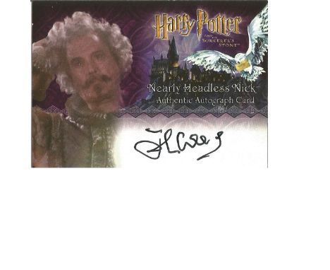 John Cleese as Nearly Headless Nick signed Harry Potter Collection autographed Artbox trading card. Each card has picture of 