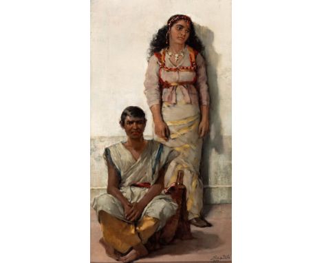 JOSÉ NIN Y TUDÓ (El Vendrell, Tarragona, 1840 - Madrid, 1908)."Arab couple".Oil on canvas.Signed in the lower right corner.Me