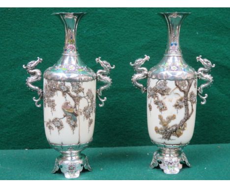 PAIR OF FINE QUALITY SHIBAYAMA CHINESE IVORY AND SILVER VASES DECORATED WITH ENAMEL AND MOTHER OF PEARL, BOTH SIGNED, APPROXI