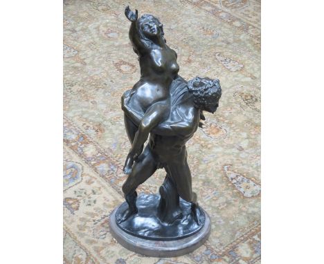 BRONZE FIGURE GROUP DEPICTING A NUDE LADY AND GENT ON MARBLE STAND, SIGNED RIVIERE, APPROXIMATELY 65cm HIGH 