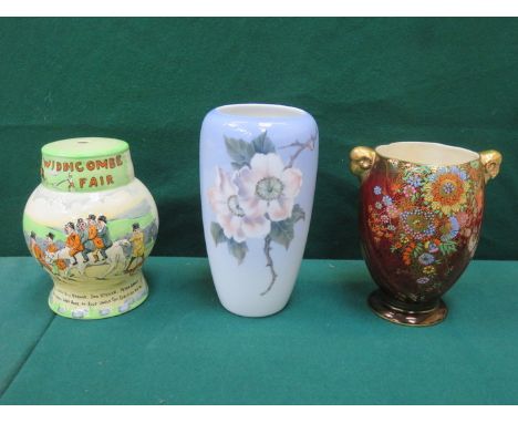 ROYAL COPENHAGAN FLORAL VASE, CROWN DEVON FLORAL VASE AND CROWN DEVON FIELDINGS RELATED LAMP BASE 