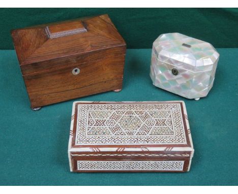 PRETTY MOTHER OF PEARL TEA CADDY, ROSEWOOD SECTIONAL TEA CADDY AND EGYPTIAN INLAID STORAGE BOX 