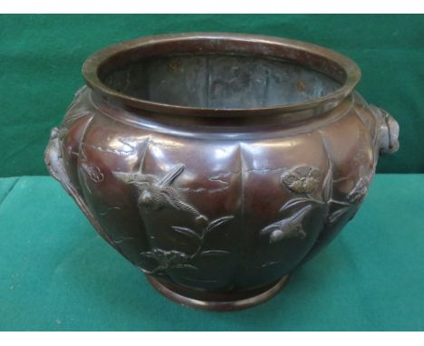BRONZE EFFECT RELIEF DECORATION JARDINIERE, STAMPED WITH CHARACTER MARKS TO BASE 