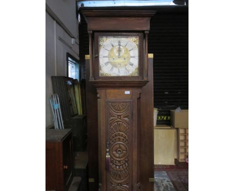 CARVED CASED LONGCASE CLOCK WITH SQUARE BRASS DIAL BY WYKE, LIVERPOOL, FOR RESTORATION 