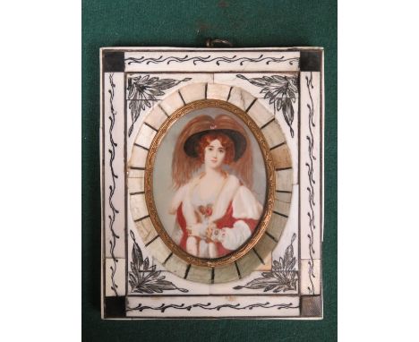 SIGNED OVAL MINIATURE PORTRAIT WITHIN CARVED IVORY PIANO KEY STYLE FRAME 